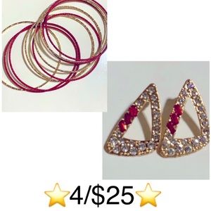 Red & Gold Tone Multi Bangle Bracelets & Rhinestone Earrings Jewelry Set